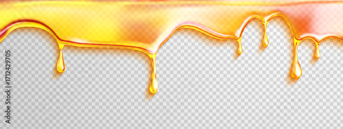 Honey drip realistic with syrup drop and caramel slime for melt gooey or oil texture background. Stream peanut and fudge down with set orange and vector splat illustration.