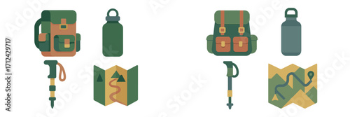 Essential hiking gear includes backpacks, water bottles, maps, and trekking poles for outdoor adventures in nature