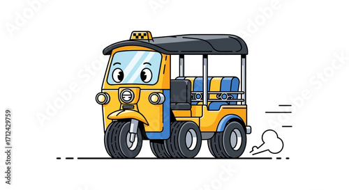 Cartoon tuk-tuk taxi with a cheerful expression, an iconic three-wheeled vehicle for urban transportation