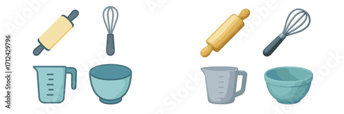 Kitchen baking essentials collection featuring rolling pin, whisk, measuring cup, and mixing bowl for food preparation