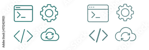 Comprehensive collection of modern outline symbols for software development, IT infrastructure, and cloud computing services