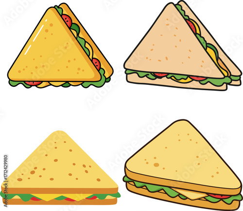 A vibrant set of isolated sandwich illustrations, showcasing classic triangular cut bread with fresh ingredients. A graphic food icon collection for culinary themes