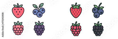 Colorful collection of hand-drawn berry illustrations featuring strawberries, blueberries, raspberries, and blackberries in playful designs