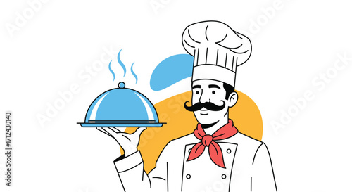 A smiling chef wearing a tall hat and a red scarf presents a steaming dish under a cloche.
