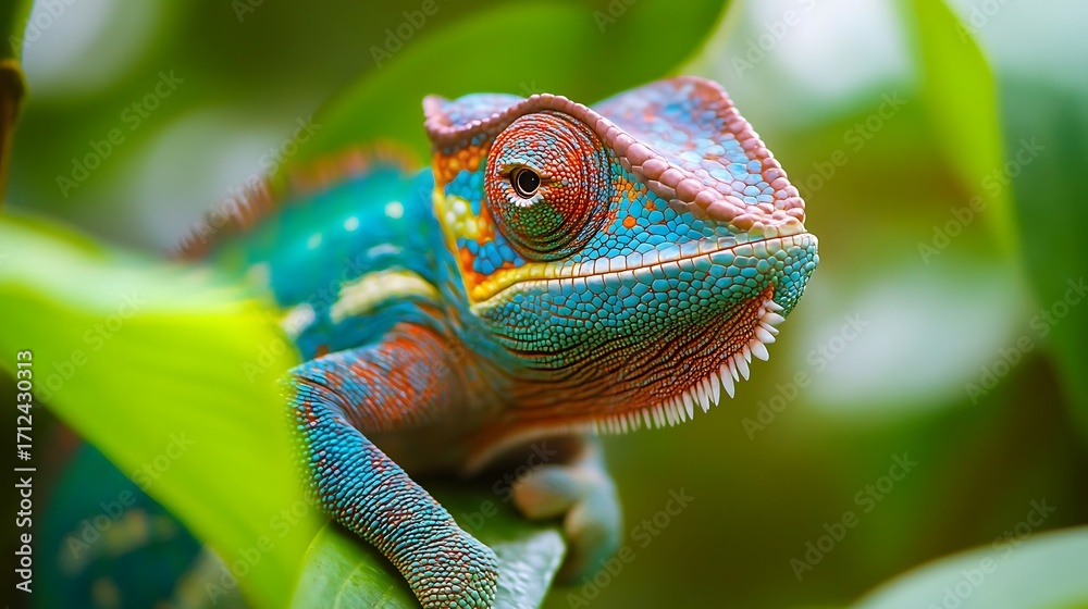Fototapeta premium Close up of a colorful chameleon perched on a green leaf reptile lizard photo