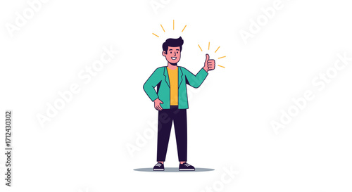 A man happily gives a thumbs up gesture with sparkling effects.