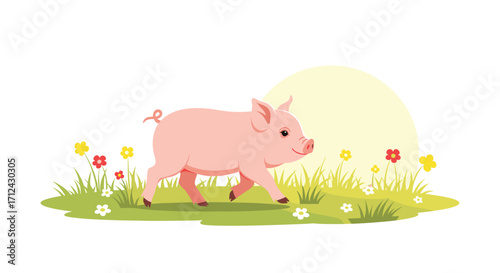 A happy pink piglet walks through a field of colorful wildflowers under a bright sun.