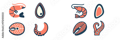 Stylized marine cuisine items featuring shrimp, mussels, salmon steak, and octopus tentacle in a vibrant and appealing arrangement