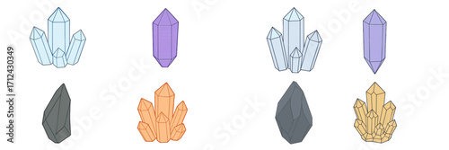 Colorful crystal formations in various shapes and sizes on a plain background