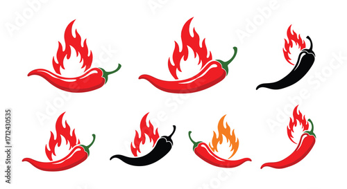 Set of hot chili pepper icons with flames illustration.