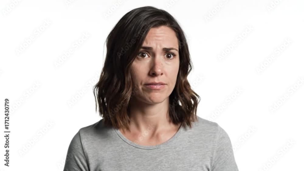 Portrait of a young woman with a concerned expression against a plain white background