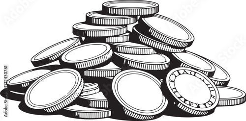 Pile of Old Coins Silhouette Black and White Vector Illustration Varied Currency