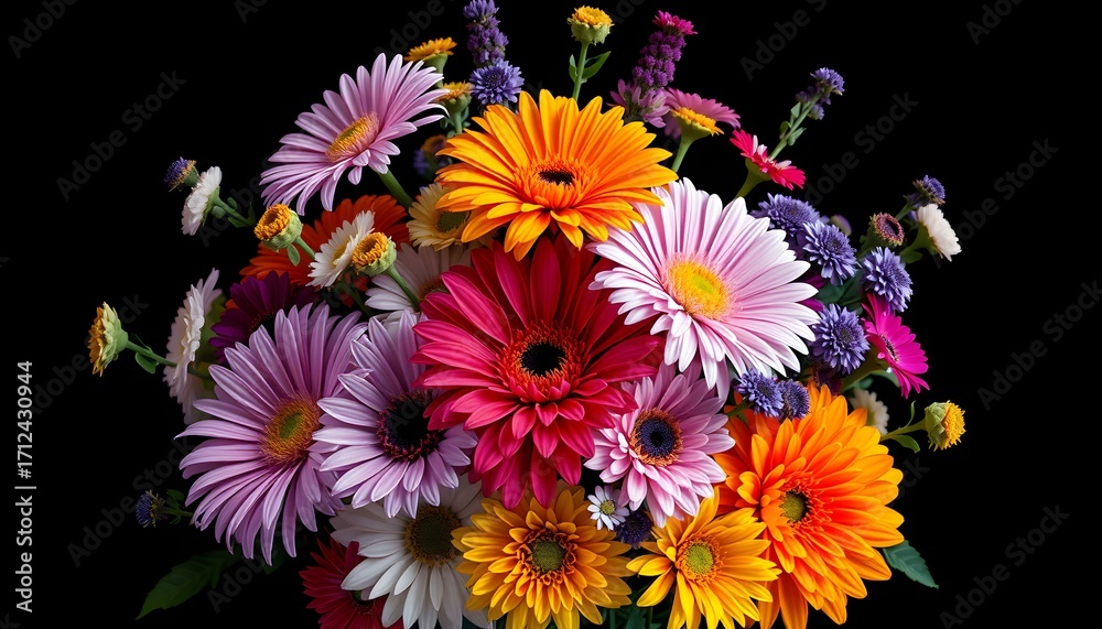 Fototapeta premium A vibrant bouquet of colorful gerbera daisies and other wildflowers arranged against a stark black background.