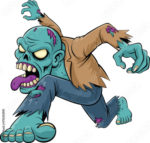 Cartoon zombie running, scary undead character, Halloween monster illustration, spooky blue zombie art, horror comic style, tattered clothes, glowing eyes