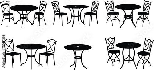 Black metal patio table and chair silhouettes, outdoor garden furniture set, dining set illustration, vintage wrought iron style, decorative seating