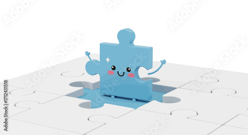 A single, smiling blue jigsaw puzzle piece fitting into an empty spot on a white puzzle board, symbolizing connection and completeness