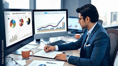 Focused Businessman Analyzing Financial Data on Multiple Computer Screens