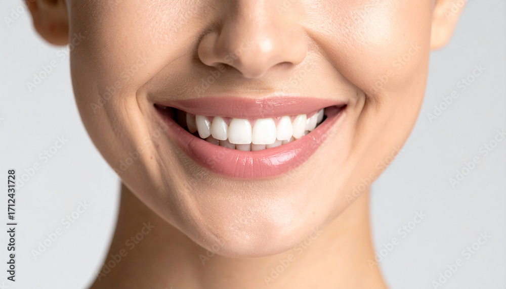 Obraz premium The Smile of a Woman Showcasing Perfect White Teeth and Flawless Skin 