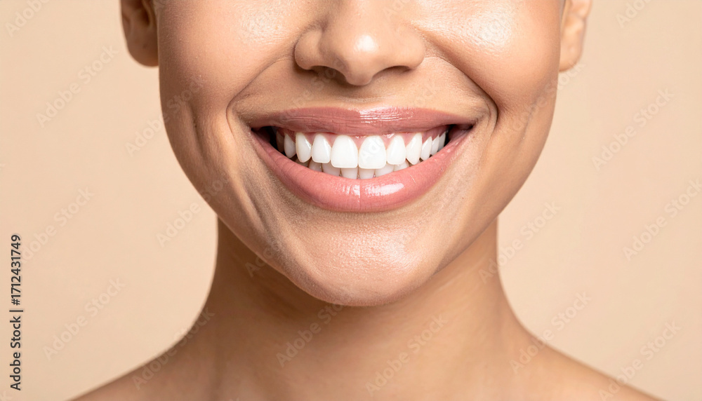 Obraz premium The Smile of a Woman Showcasing Perfect White Teeth and Flawless Skin 