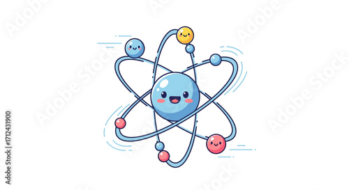 Happy Cartoon Atom with Electrons Orbiting in a Fun, Whimsical Style
