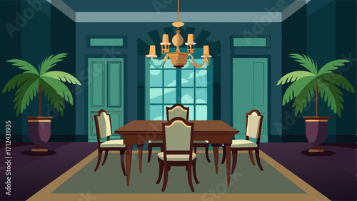 A stunning formal dining room with a crystal chandelier a large palm tree in the corner and dark wood furniture.