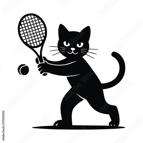 Black cat playing tennis hitting ball with racket silhouette
