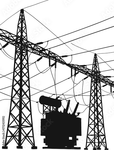 Silhouette of transmission towers, high-voltage power lines, electrical transformer, energy infrastructure, voltage distribution, industrial grid, steel lattice structure