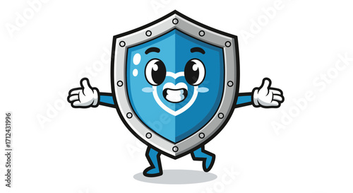 A cheerful cartoon shield character with open arms, representing protection and safety in a friendly, approachable manner