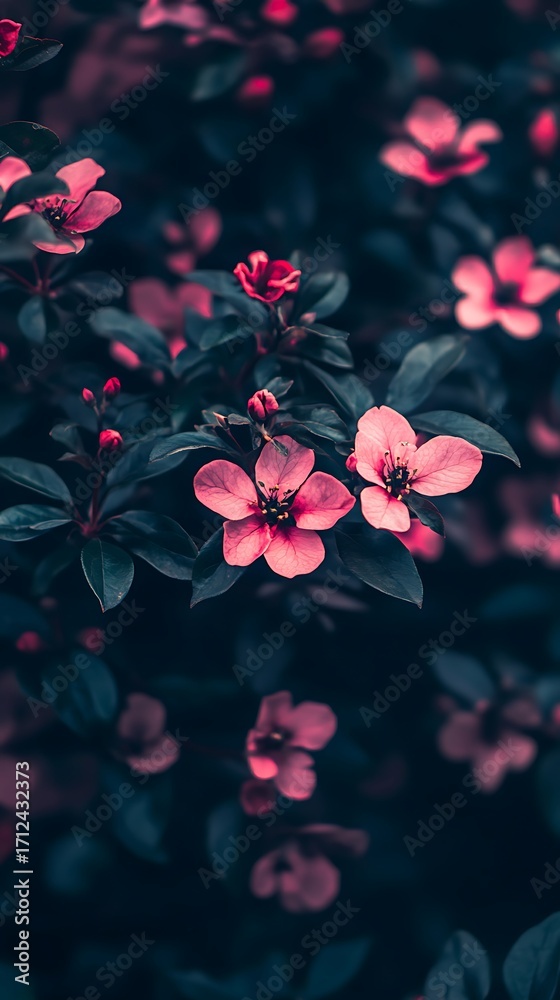 Fototapeta premium Close-up of Pink Cherry Blossom Flowers with Dark Green Leaves and Buds blooming photo