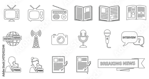 Handdrawn doodles icon Set of news and media icons isolated on white background