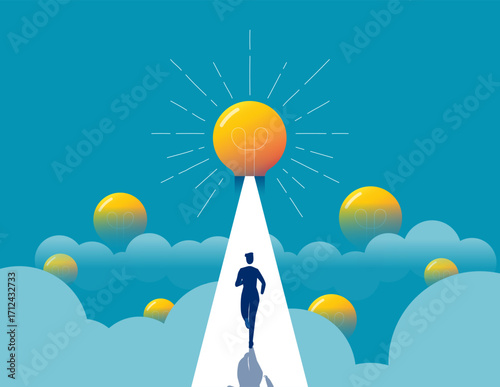 Great idea. Businessman running to big light bulb