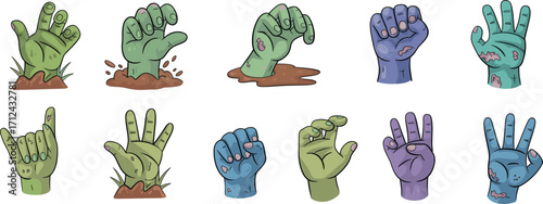 Zombie hands cartoon illustration, Halloween undead gesture set, spooky vector clipart, horror hand poses, creepy undead art collection