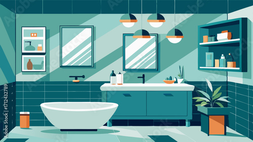 A chic bathroom featuring a deep soaking tub marble countertops and a wall of mirrors with hidden storage compartments.