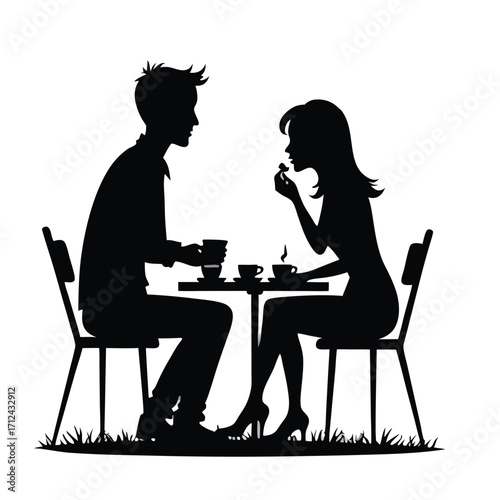 Couple silhouette at cafe table with coffee and pastry