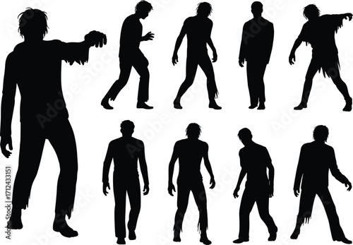 Zombie silhouettes, horror figures, undead characters, Halloween illustration, creepy poses, scary shadows, eerie walking, spooky design, black silhouettes, vector art