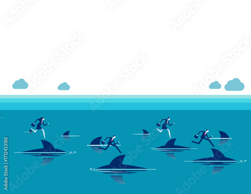 Financial risk. Successful business people running on top of sharks in the danger sea water.