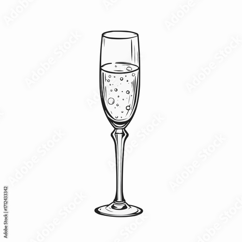 Line art vector of detailed crystal flute with rising  bubbles inside  
