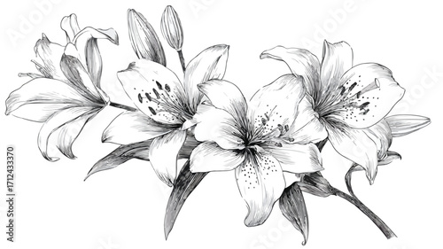 Elegant Monochrome Black and White Lily Bouquet Isolated on White Background