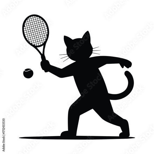 Playful black cat silhouette playing tennis with a racket and ball