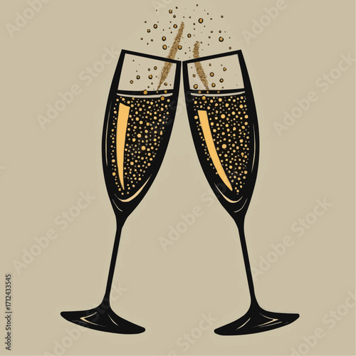 Minimalist vector of clinking champagne glasses with bubbles on beige  