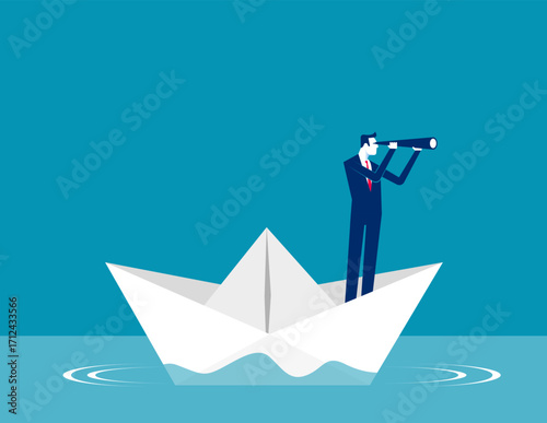 Telescope. Businessman is sailing on paper boat in ocean