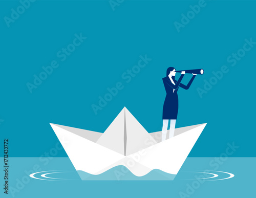Telescope. Businessman is sailing on paper boat in ocean