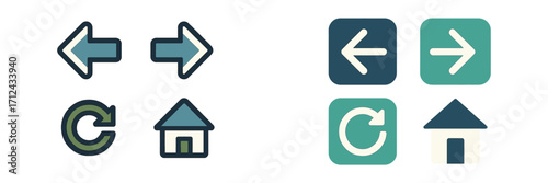 Icons representing navigation and actions designed for user interface tasks in modern applications