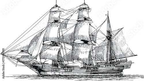 Vintage Hand-Drawn Old Sailing Ship with Tall Masts Illustration