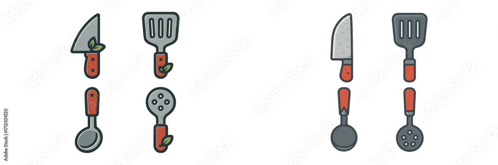 Fototapeta premium Different types of kitchen utensils displayed on a simple background showing knives, spatulas, ladles, and strainers for cooking enthusiasts