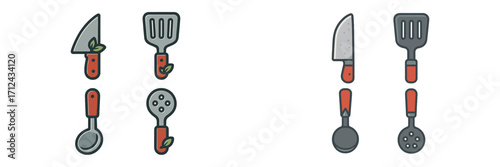Different types of kitchen utensils displayed on a simple background showing knives, spatulas, ladles, and strainers for cooking enthusiasts