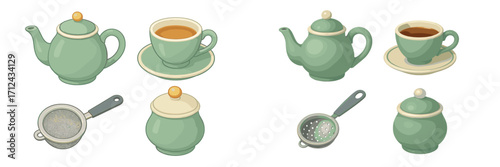 Pastel green tea service items including teapots, cups, saucers, sugar bowls, and strainers for hot drinks