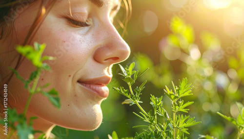 A person is deeply inhaling the scent of vibrant green herbs, evoking tranquility.
