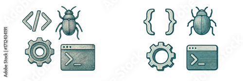 Graphic representation of coding and debugging symbols showcasing tools for developers in a modern design