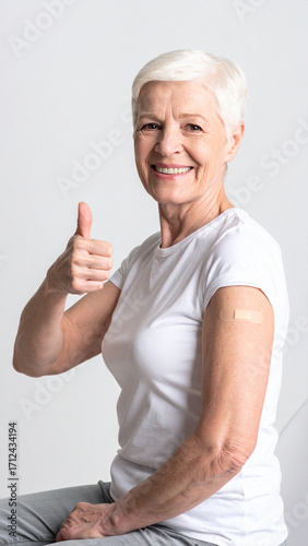 Senior woman wearing face mask showing vaccinated arm with adhesive bandage plaster and gesturing thumbs up. Elderly patient approving vaccination. Covid-19 Vaccination program concept
